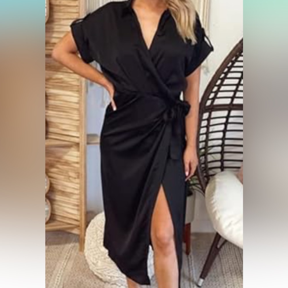 Ferlema Satin Deep V Neck Wrap Dress